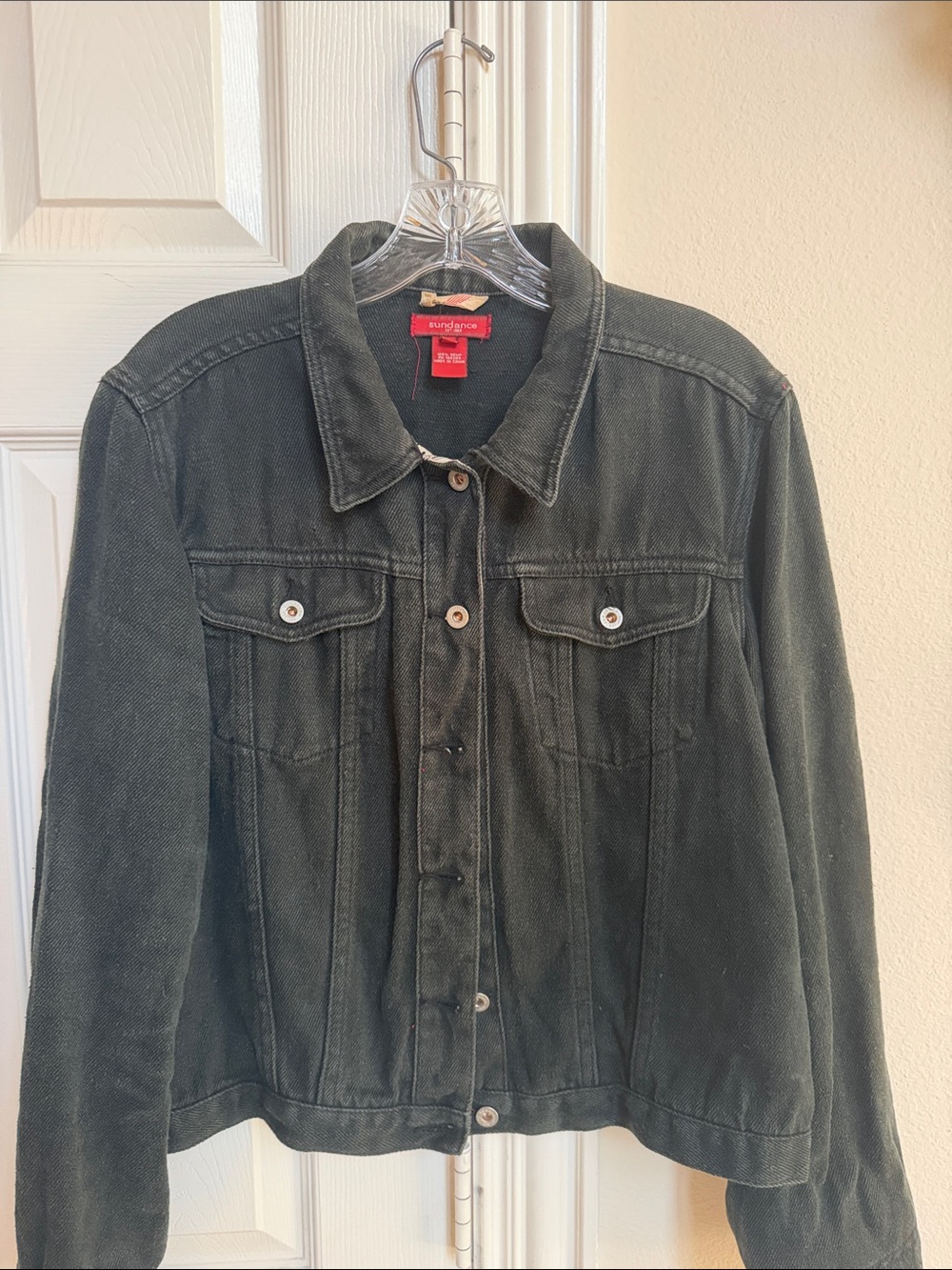 Sundance Washed Black Jean Jacket with Striped Trim on Cuffs Sz XL